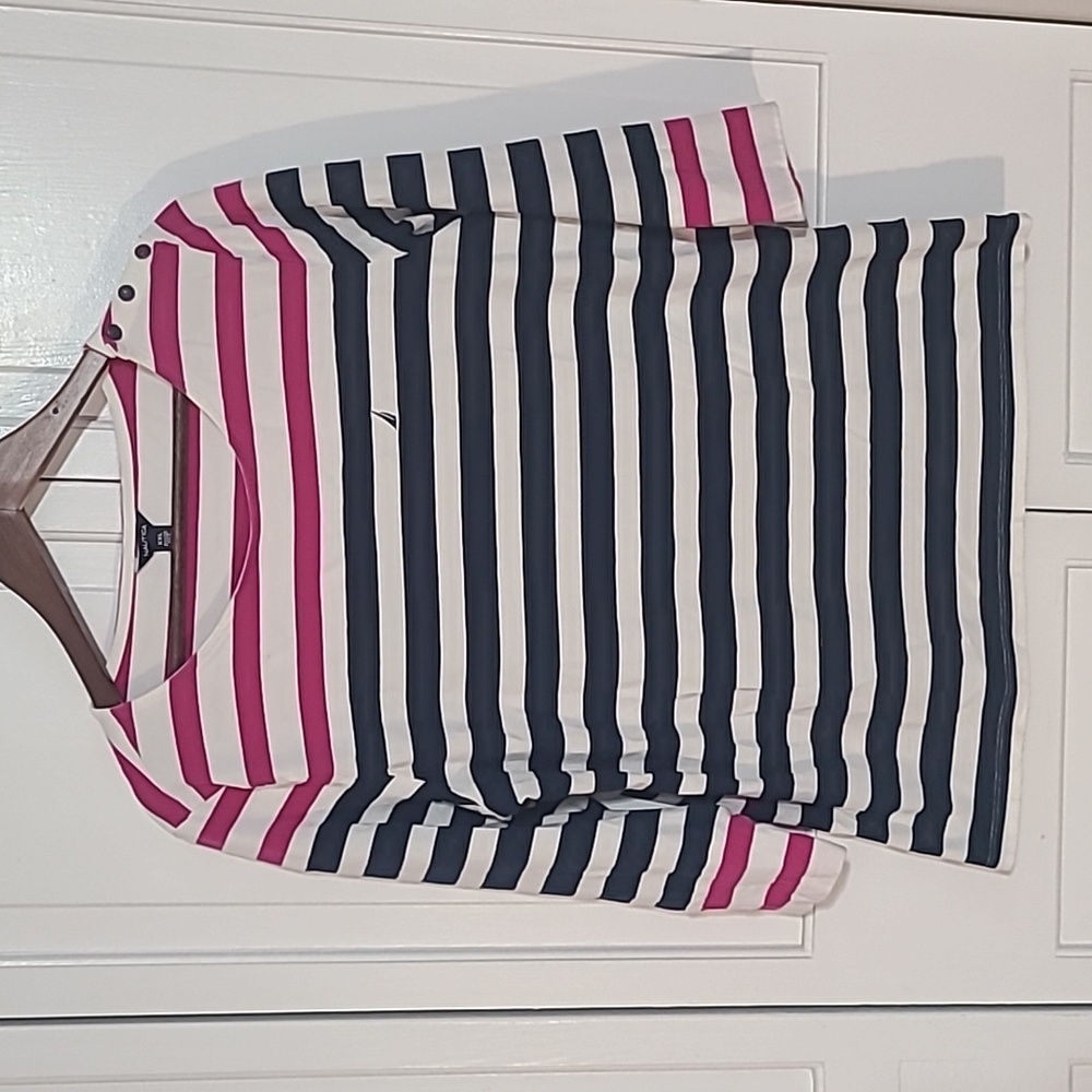 Nautica Women's Pink Blue White Striped 3/4 Sleeve XXL